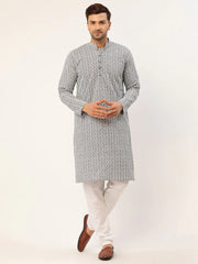 Jompers Mens Grey White Embroidered Straight Kurta Pyjama Set