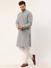 Jompers Mens Grey White Embroidered Straight Kurta Pyjama Set
