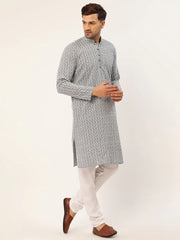 Jompers Mens Grey White Embroidered Straight Kurta Pyjama Set
