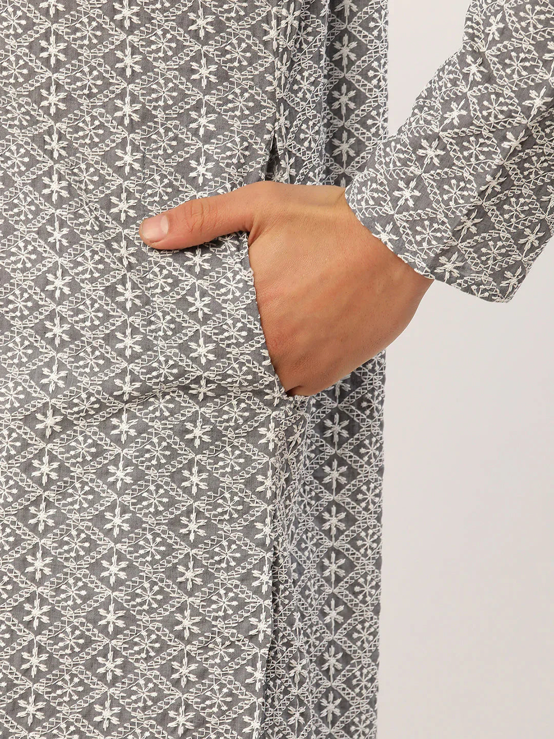 Jompers Mens Grey White Embroidered Straight Kurta Pyjama Set