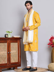 Embroidered & Sequin Kurta Pyjama With Dupatta ( JOKP D 5091Mustard )