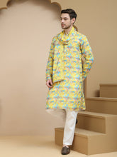 Abstract Printed Kurta Pyjama with Matching Dupatta ( JOKP D 5243 Yellow )
