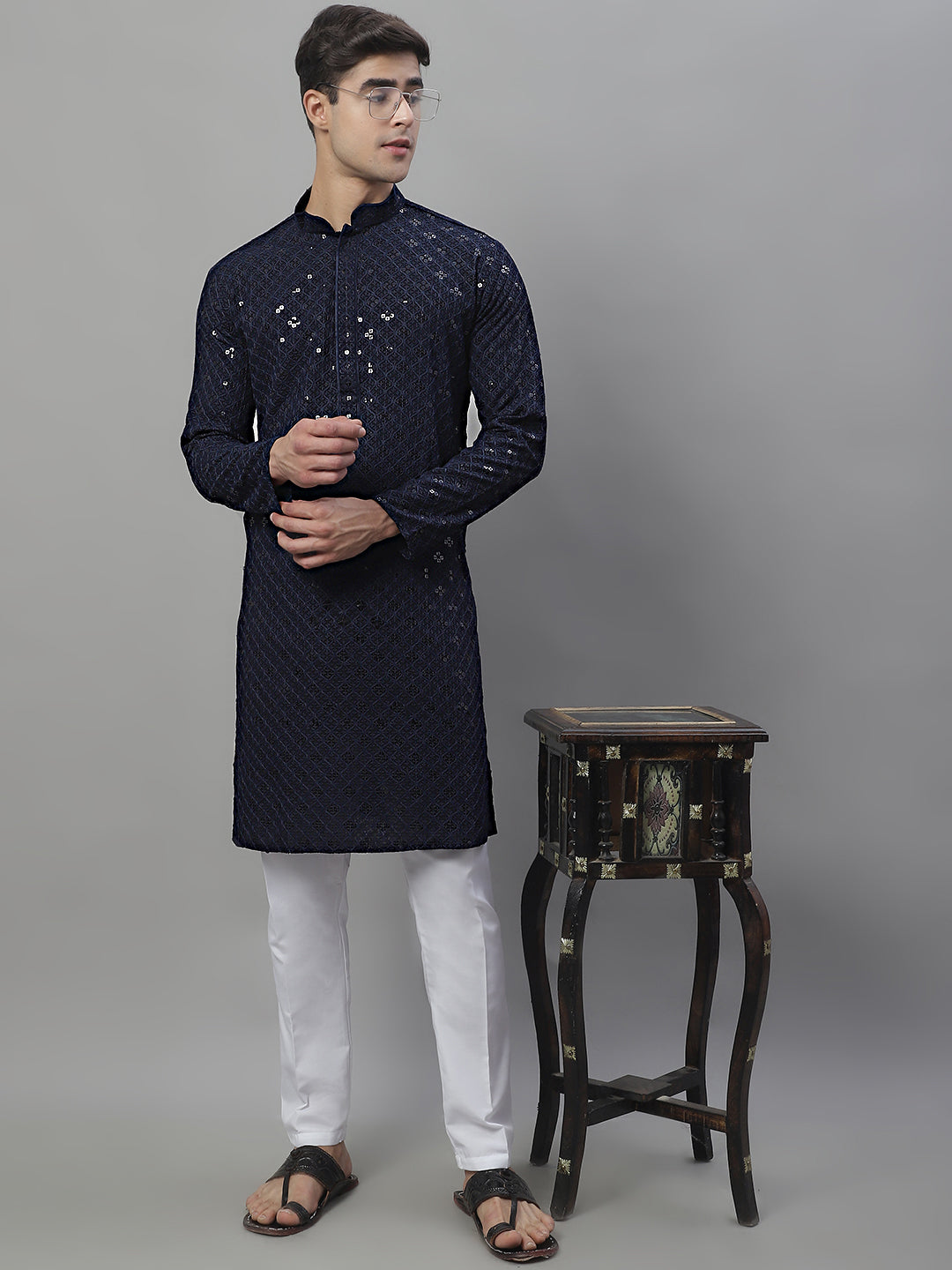 Mens Navy Blue Chikankari Embroidered And Sequence Kurta With Pyjama