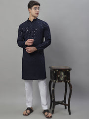 Mens Navy Blue Chikankari Embroidered And Sequence Kurta With Pyjama