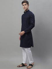 Mens Navy Blue Chikankari Embroidered And Sequence Kurta With Pyjama