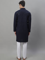 Mens Navy Blue Chikankari Embroidered And Sequence Kurta With Pyjama