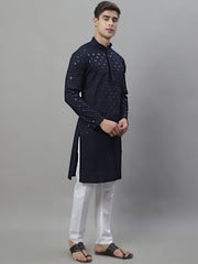 Mens Navy Blue Chikankari Embroidered And Sequence Kurta With Pyjama