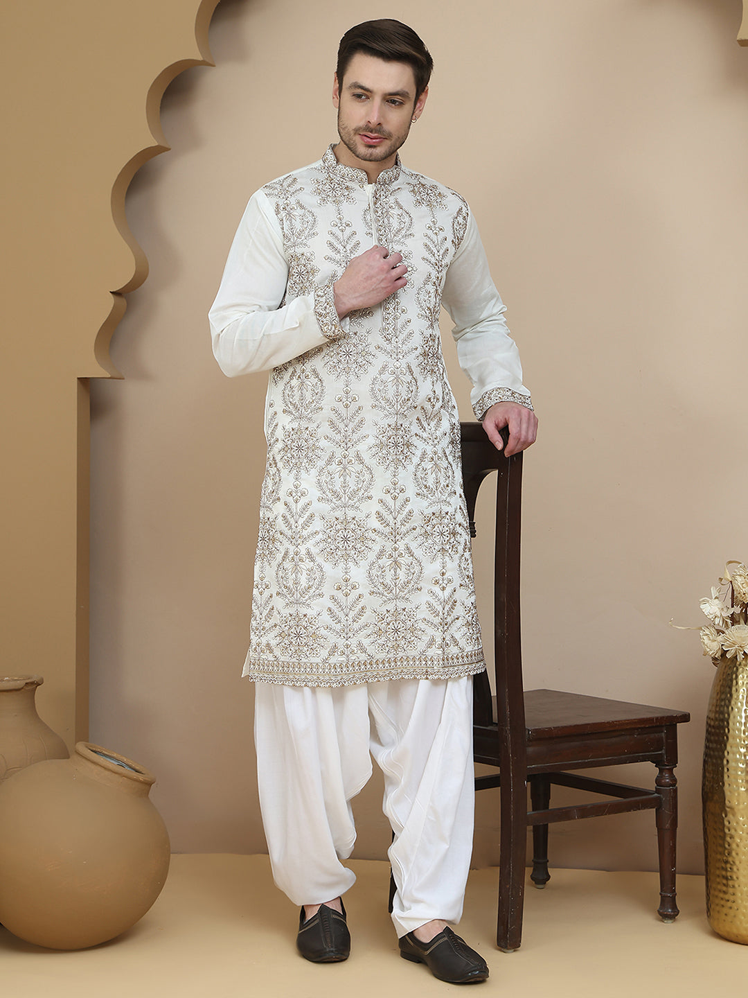 embroidered silk blend kurta with salwar