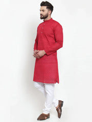Men Maroon Chikan Kurta with Churidar ( JOKP 561 Maroon )