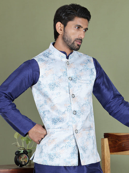 Floral Printed Nehru Jacket ( JOWC 4090Silver )