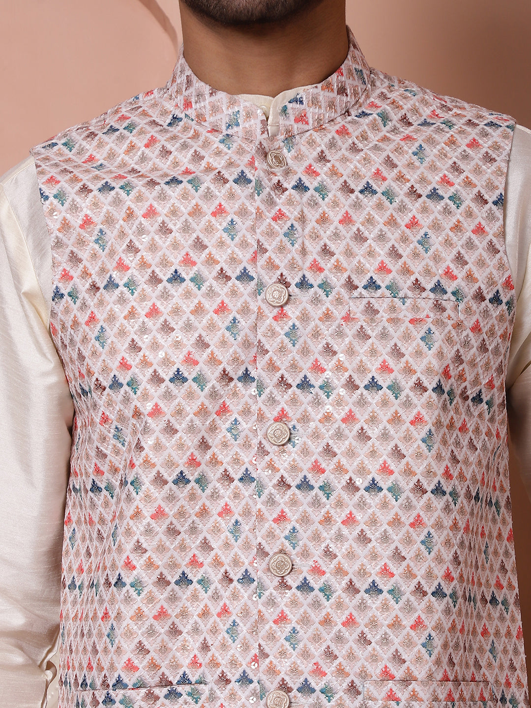 Floral Printed And Embroidered Nehru Jacket For Men