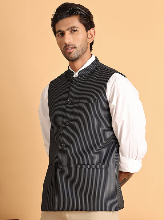Navy Striped Woven Nehru Jacket for Men ( JOWC 4117Navy )
