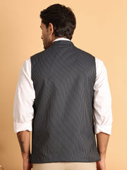 Navy Striped Woven Nehru Jacket for Men ( JOWC 4117Navy )