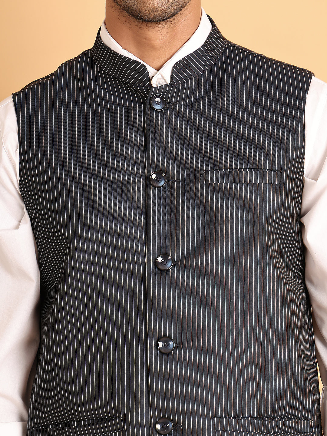 Navy Striped Woven Nehru Jacket For Men