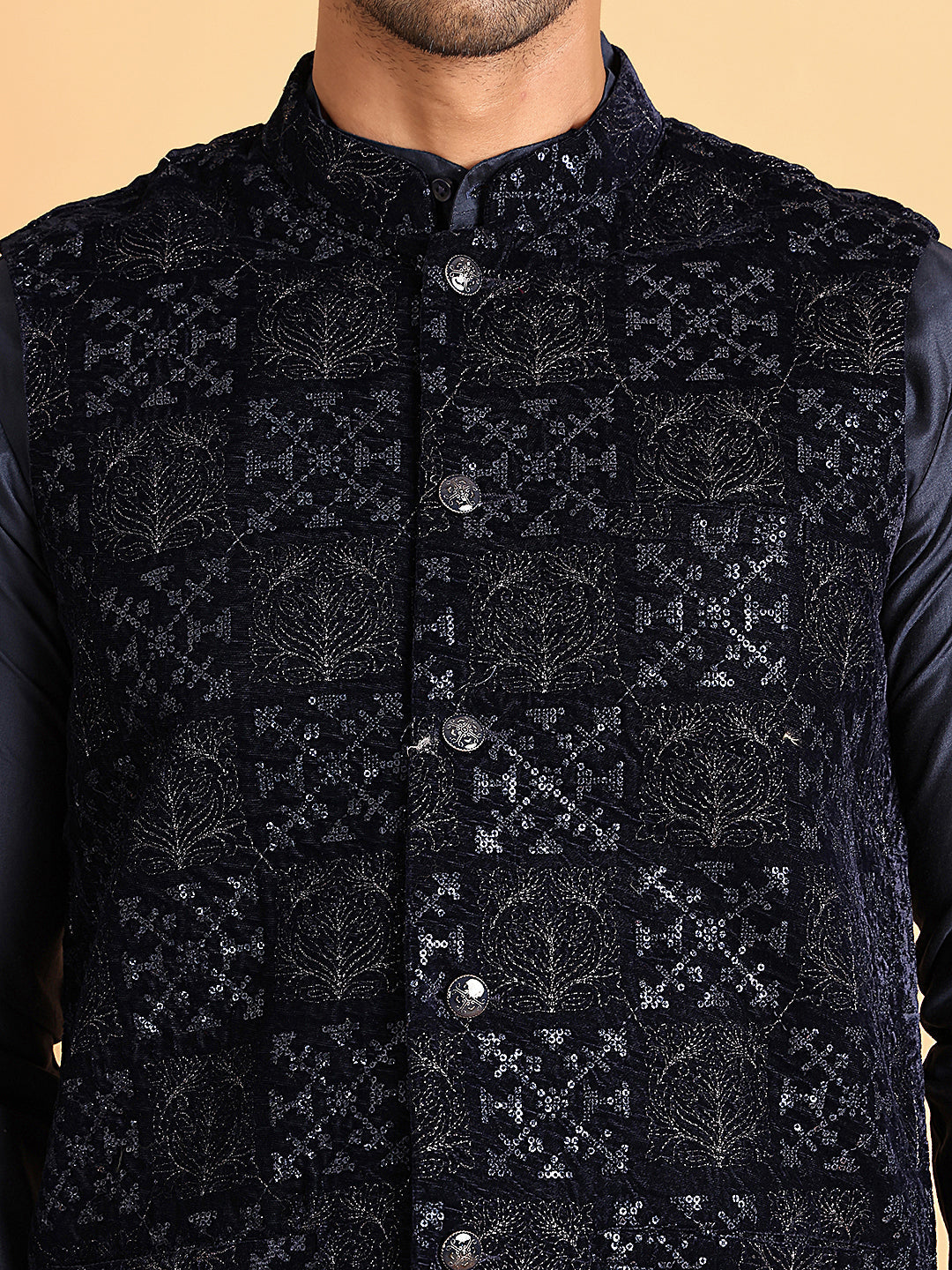 Navy Blue Embroidered Nehru Jacket For Men