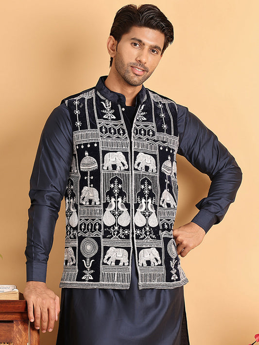 Navy Blue Embroidered Velvet Nehru Jacket for Men ( JOWC 4119Navy )