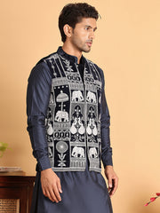 Navy Blue Embroidered Velvet Nehru Jacket for Men ( JOWC 4119Navy )