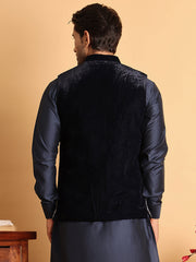 Navy Blue Embroidered Velvet Nehru Jacket for Men ( JOWC 4119Navy )