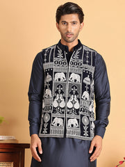 Navy Blue Embroidered Velvet Nehru Jacket for Men ( JOWC 4119Navy )