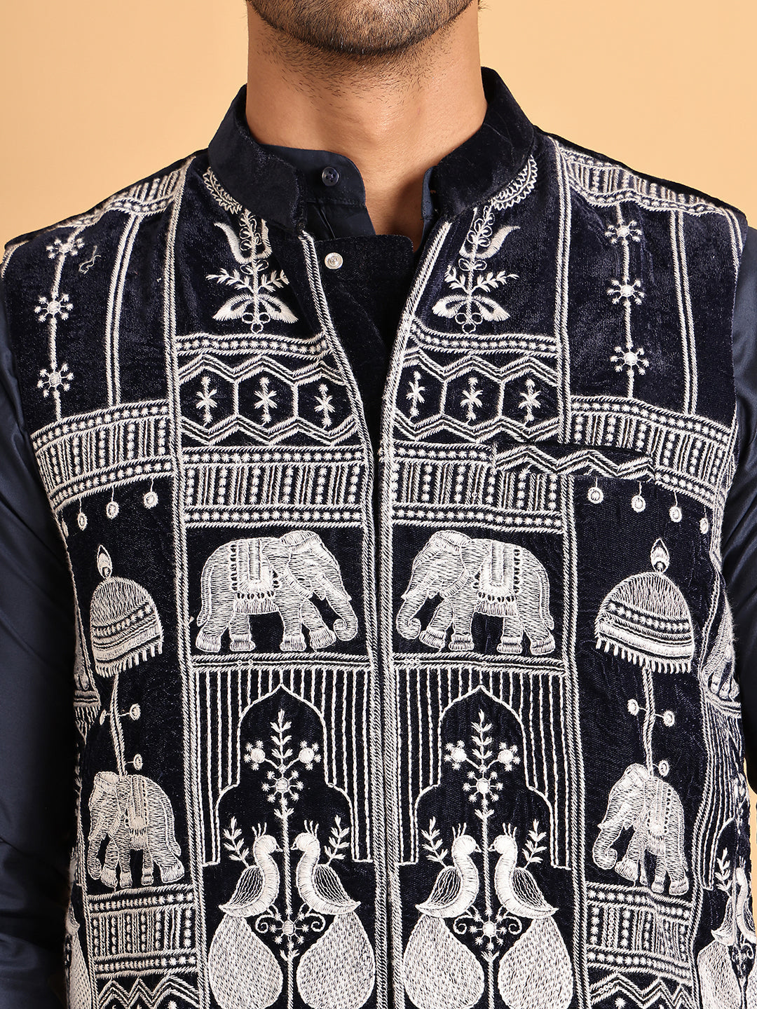 Navy Blue Embroidered Velvet Nehru Jacket For Men