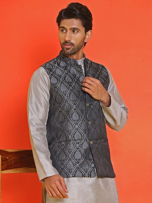 Woven design Nehru Jacket for Men ( JOWC 4131 Black )