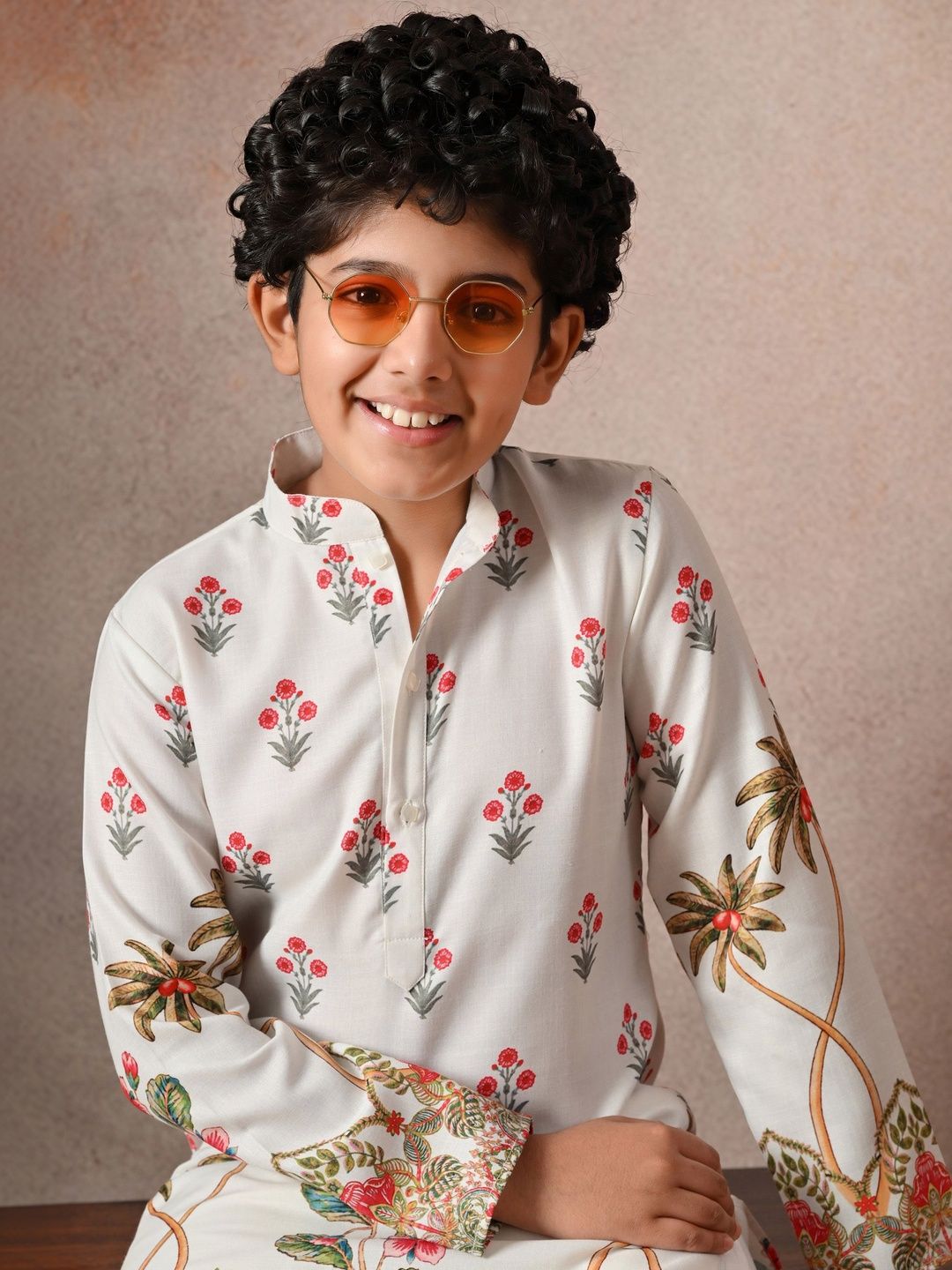 Indi Loom Couture Boys White Floral Printed Ethnic Kurta with Pajama Set ILBKS28