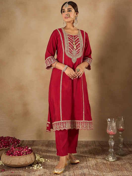 Indo Era - Maroon Embroidered A-Line Kurta Trousers With Dupatta set