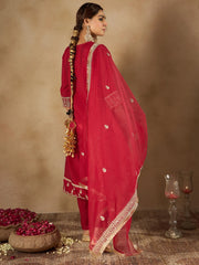 Indo Era - Maroon Embroidered A-Line Kurta Trousers With Dupatta set