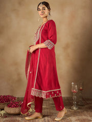 Indo Era - Maroon Embroidered A-Line Kurta Trousers With Dupatta set