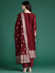 Indo Era - Maroon Woven Design Straight Kurta Trousers With Dupatta Set
