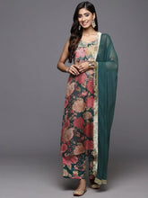 Varanga - Women Green Floral Printed Zari Embroidered Yoke Spaghetti Strap Straight Kurta With Bottom And Dupatta