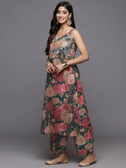 Varanga - Women Green Floral Printed Zari Embroidered Yoke Spaghetti Strap Straight Kurta With Bottom And Dupatta