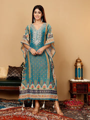 Varanga - Women Teal Blue Pure Silk Gotta And Mirror Work Kaftan With Tulip Pants