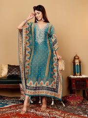 Varanga - Women Teal Blue Pure Silk Gotta And Mirror Work Kaftan With Tulip Pants