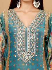 Varanga - Women Teal Blue Pure Silk Gotta And Mirror Work Kaftan With Tulip Pants