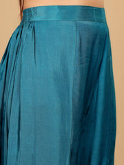 Varanga - Women Teal Blue Pure Silk Gotta And Mirror Work Kaftan With Tulip Pants