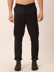 Men's Casual Cotton Solid Cargo Pants ( KGP 154Black )
