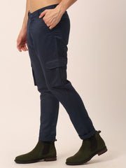 Men's Casual Cotton Solid Cargo Pants ( KGP 154Navy-Blue )