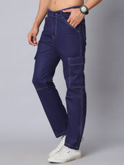 Men's Casual Cotton Blend Solid Cargo Pants ( KGP 156Navy )