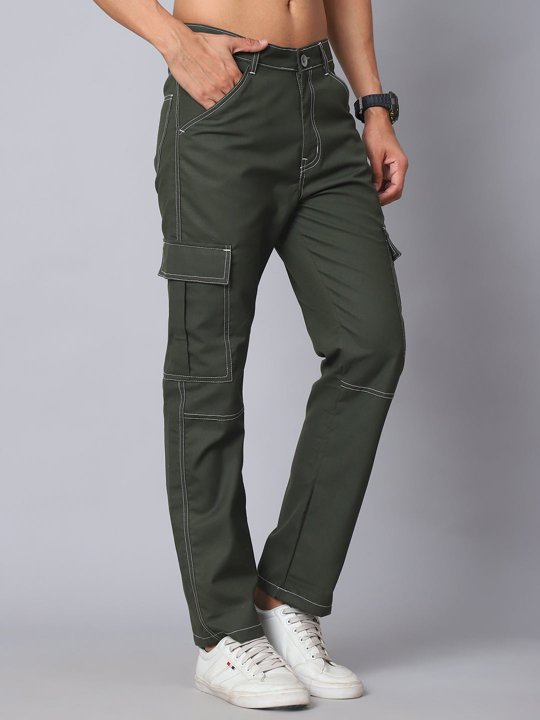 Indian Needle Straight Fit Solid Cargo Trousers For Men