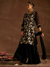 Indo Era - Black Embroidered Straight Kurta Sharara set