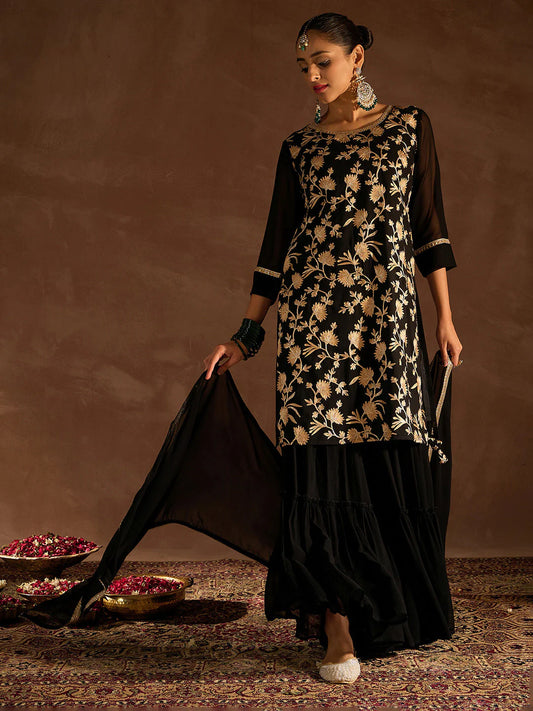 Indo Era - Black Embroidered Straight Kurta Sharara set