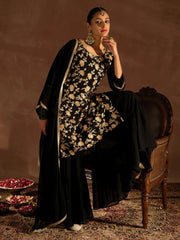 Indo Era - Black Embroidered Straight Kurta Sharara set