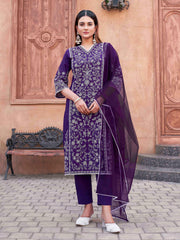 Violet Cotton With All Over Thread Work Kurta Set