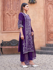 Violet Cotton With All Over Thread Work Kurta Set