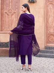 Violet Cotton With All Over Thread Work Kurta Set