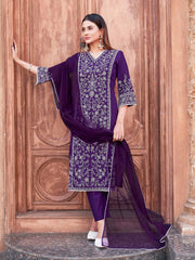 Violet Cotton With All Over Thread Work Kurta Set
