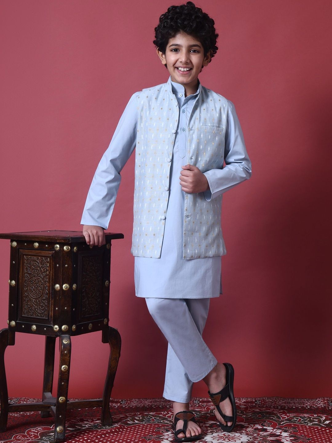 Indi Loom Couture Boys Light Blue Kurta with Chanderi Booti Jacket & Pyjama Set ILBKSJ07