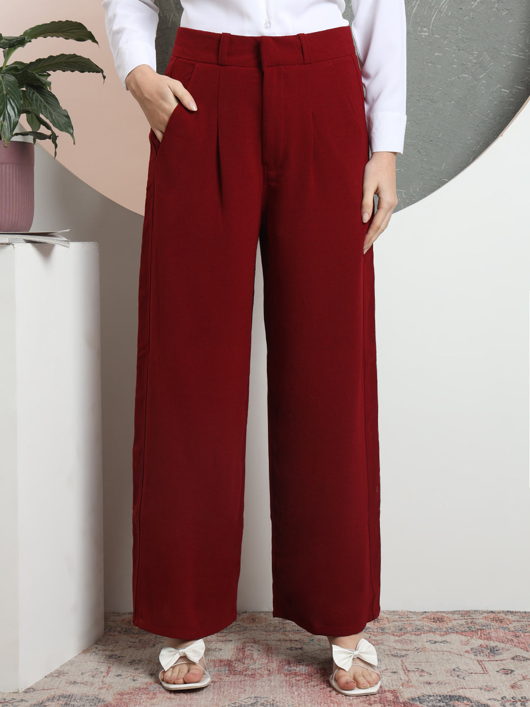 women relaxed flared high rise pleated formal trousers 2
