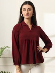 casual regular sleeves solid women maroon top 1